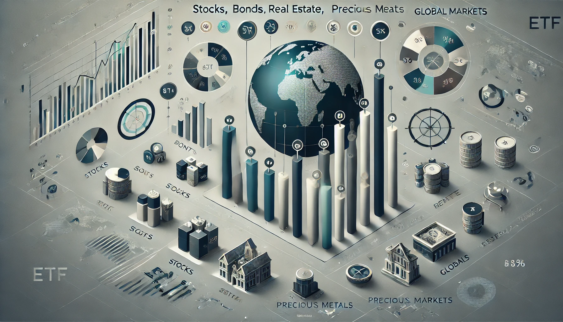 DALL·E 2024-09-27 20.43.48 - A clean, professional graphic for an ETF investment strategy. On one side, a chart with stocks, bonds, real estate, precious metals, and global market